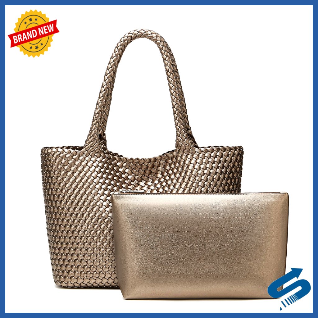 Vegan Leather Woven Tote Bag Large Travel Shoulder Purse Handmade Chic